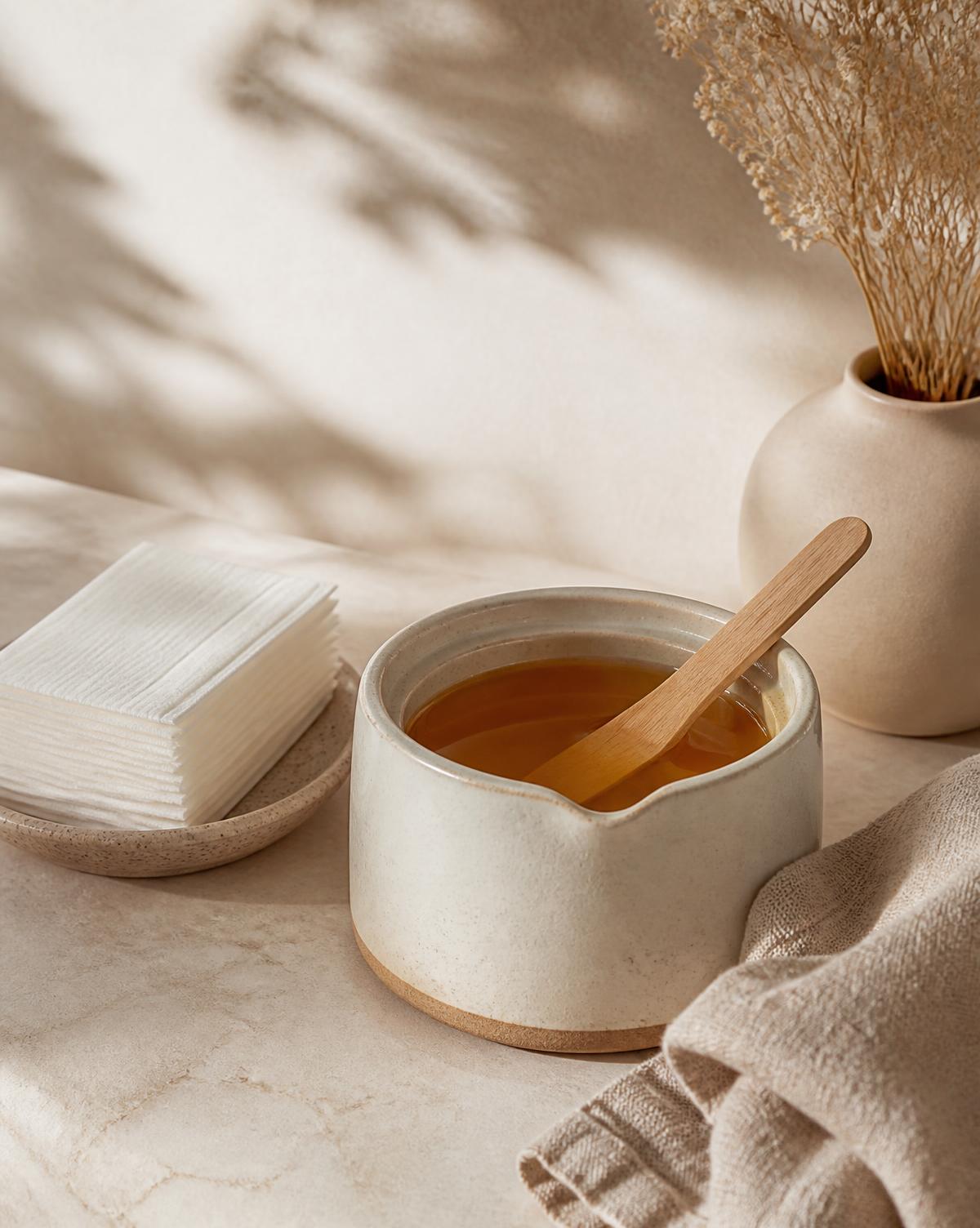 Warme wax in een keramische pot met houten spatel voor ontharing